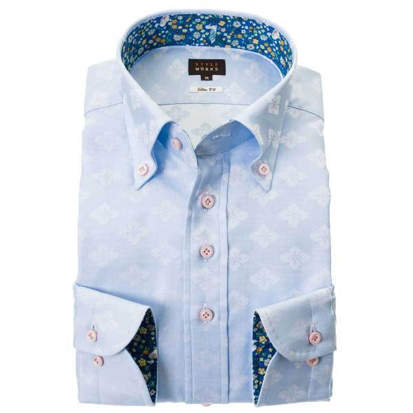 長袖 綿100%ワイシャツ スリムフィット ボタンダウン ブルー ジャガード織柄 家紋 花菱 ドット