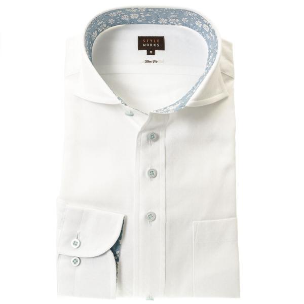 綿100% 長袖ワイシャツ スリムフィット ワイドカラー ホワイト ジャガード織柄 チェック ドット