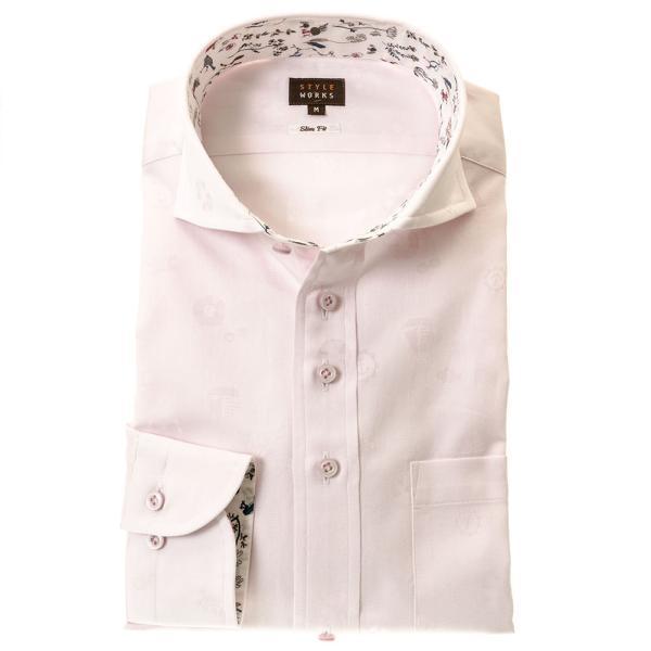 ワイシャツ 綿100% 長袖 スリムフィット カッタウェイ ピンク ジャガード織 海 モチーフ ドッ...