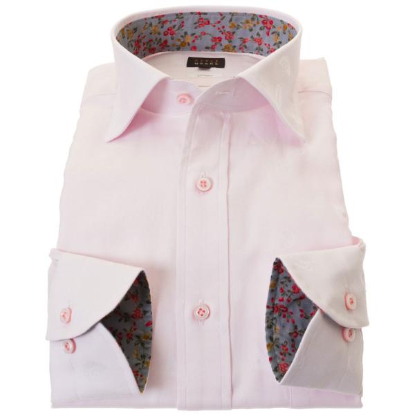 長袖綿100%ワイシャツ コンフォート ワイドカラー ピンク ジャガード織ドット柄 文房具 ステーシ...