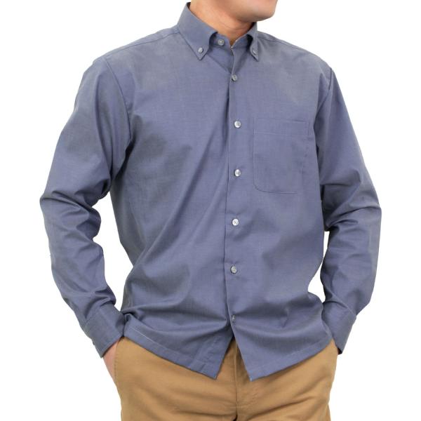 ストレッチ 形態安定 デニム風 ボタンダウン ネイビー パンツアウトスタイル ビジカジ オフィスカジ...