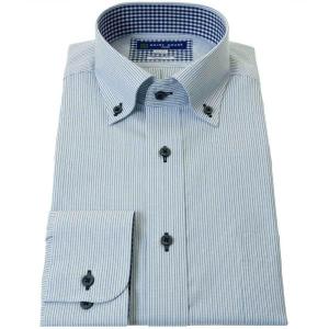 ワイシャツ 形態安定 Yシャツ 長袖 ブルー ストライプ ボタンダウン 標準 シャツハウス メンズ ドレスシャツ   SH2404ft｜ss1946