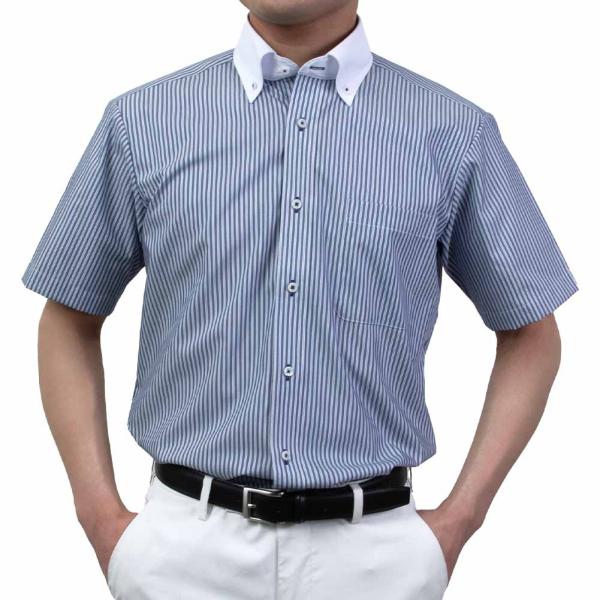 ワイシャツ形態安定 半袖シャツ 吸水速乾 クレリック ブルー 青 ストライプ ボタンダウン レギュラ...