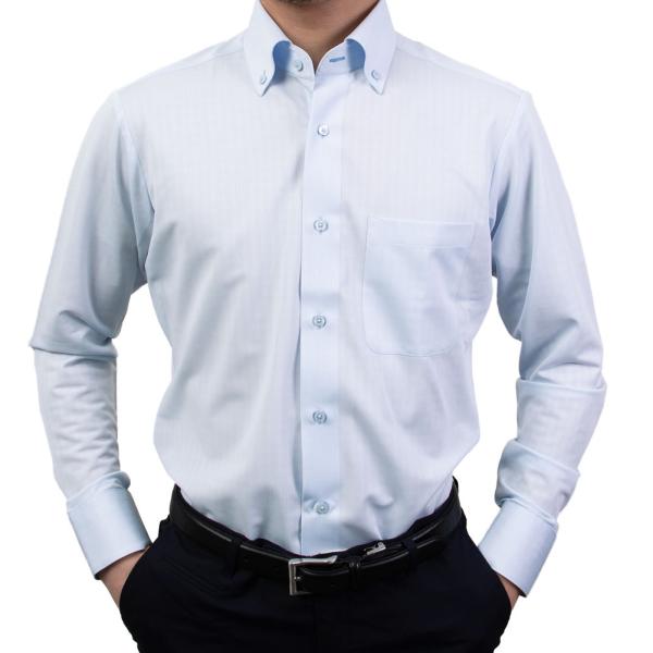 ノンアイロン メンズ 長袖 スリムフィット Yシャツ ボタンダウン 吸汗速乾 ストレッチ サックス ...