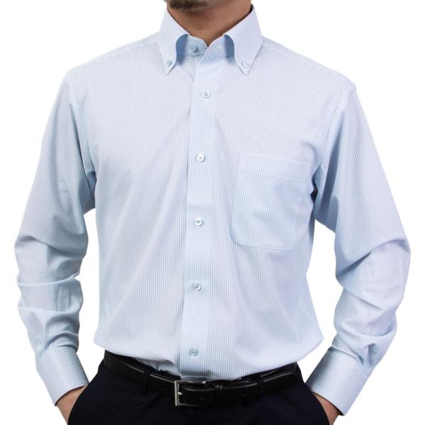 ノンアイロン メンズ 長袖 レギュラーフィット Yシャツ ボタンダウン 吸汗速乾 ストレッチ ブルー...