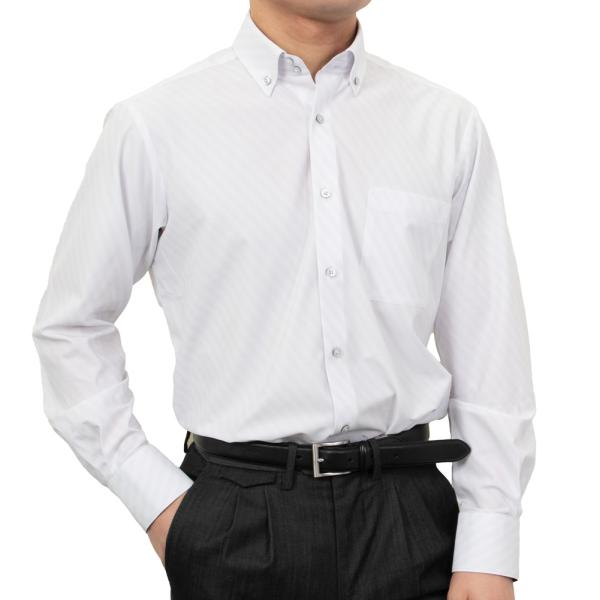 ノーアイロン スーパーストレッチ レギュラーフィット ボタンダウン ストライプ ホワイト ニット