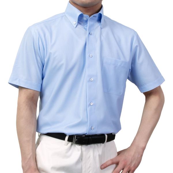 ワイシャツ ニットシャツ 半袖 ノーアイロン 消臭 吸汗速乾 ストレッチ ブルー ボタンダウン レギ...