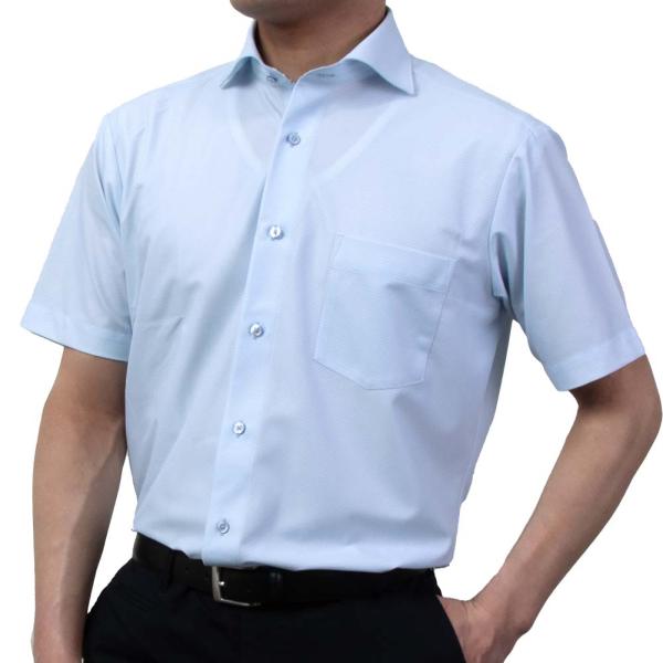 ワイシャツ ニットシャツ 半袖 ノーアイロン 消臭 吸汗速乾 ストレッチ ブルー 青 カッタウェイ ...