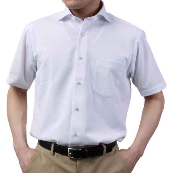 ワイシャツ ニットシャツ 半袖 ノーアイロン 消臭 吸汗速乾 ストレッチ パープル 紫 カッタウェイ...