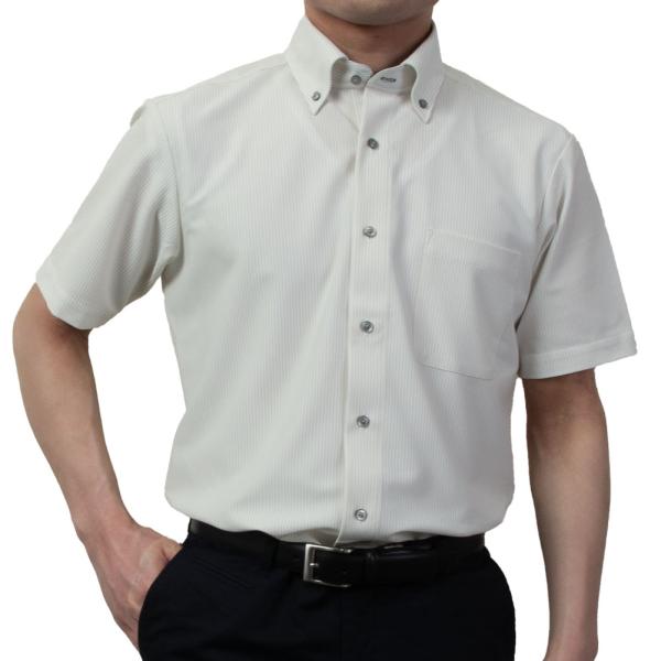 ワイシャツ ニットシャツ 半袖 ノーアイロン 消臭 吸汗速乾 ストレッチ ベージュ ボタンダウン レ...