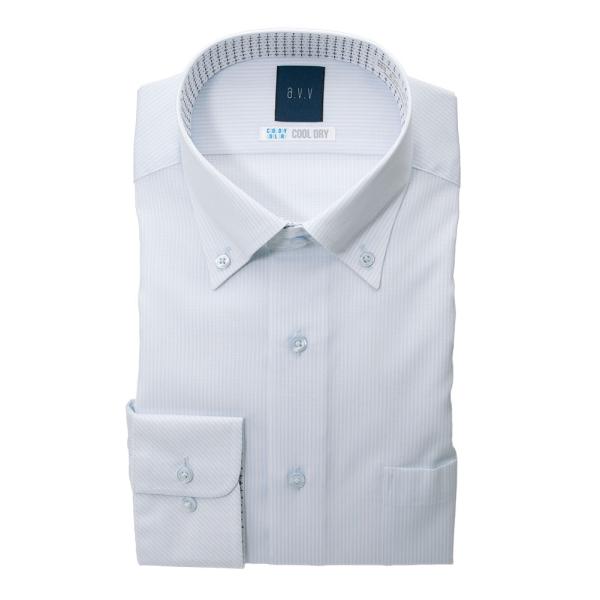 ワイシャツ メンズ 長袖 形態安定 セミシャープ ボタンダウン 青 ストライプ ドビー a.v.v ...