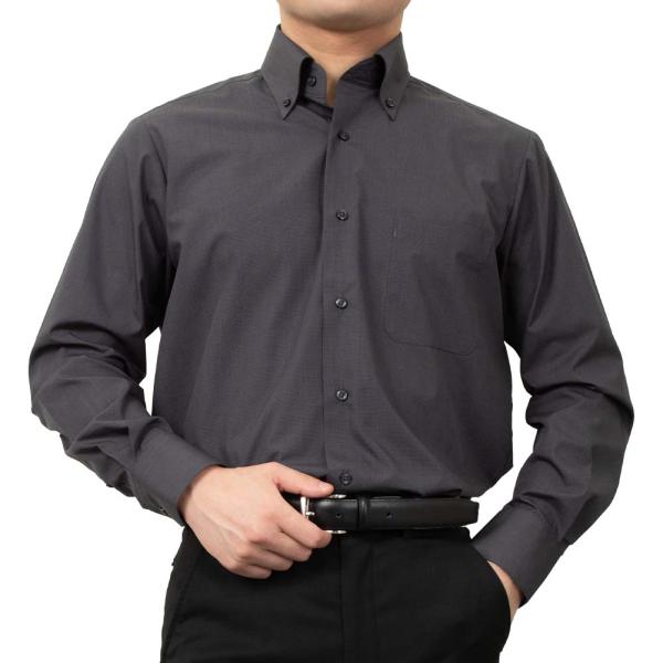 ワイシャツ メンズ 長袖 形態安定 セミシャープ  ボタンダウン ダークグレー a.v.v 大人シッ...