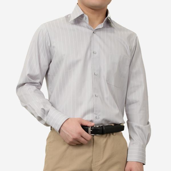 ワイシャツ メンズ 長袖 形態安定 セミシャープ  ボタンダウン グレー ストライプ  a.v.v ...