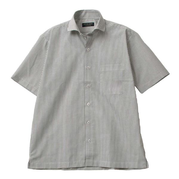ワイシャツ メンズ 半袖 クールビズ 吸水速乾 形態安定 モスグリーン ストライプ カッタウェイ L...