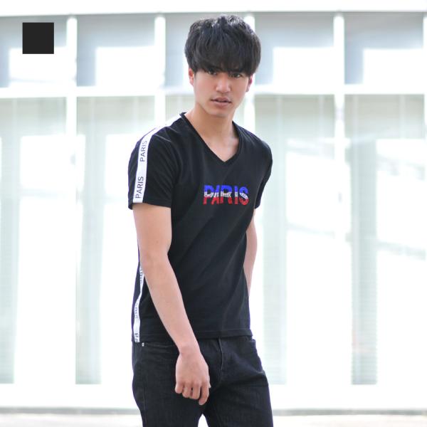 Tシャツ メンズ 半袖 ラインストーン ロゴ Vネック 春夏秋 サーフ系 BITTER系 ビター系 ...