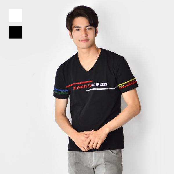 Tシャツ メンズ 半袖Tシャツ カットソー Vネック 刺繍 サーフ系 ビター系 お兄系 オラオラ系 ...