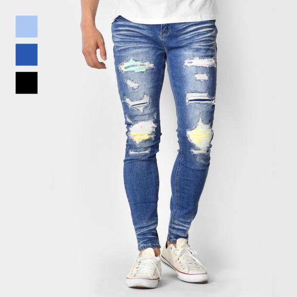 スキニー デニム ジーンズ メンズ アンクルパンツ クラッシュ加工 ユーズド加工 ストリート ビター...