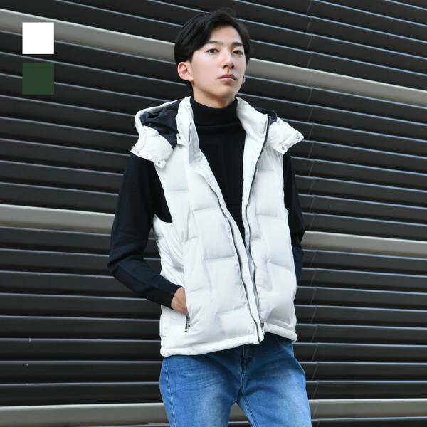 ダウンベスト メンズ 中綿 シームレス 撥水加工 フード取り外し可 無地 モード アウトドア サーフ...