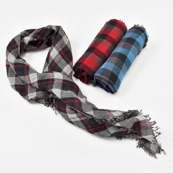 チェック 大判ストール リバーシブル 赤 青 レッド ブルー グレー 綿100 春 夏 秋 冬 フリ...