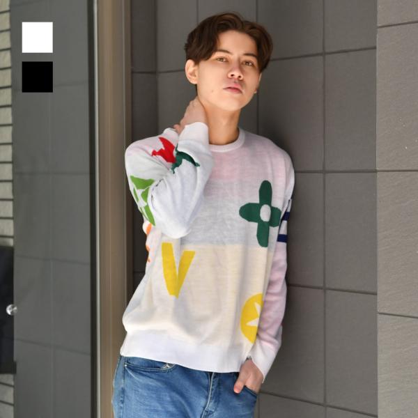 ニット メンズ セーター クルーネック 長袖 薄手 モノグラム ジャガード 春秋冬 ハイゲージ サー...