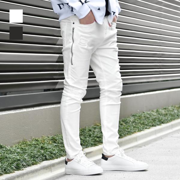 スキニーパンツ メンズ ストレッチ サイドジップ クラッシュ ユーズド タイト アメカジ サーフ ビ...