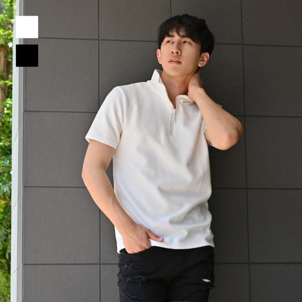 ポロシャツ メンズ 無地 半袖 ラインストーン 衿ワイヤー入り 総柄 ゴルフウエア モード 綺麗め ...