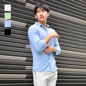 シャツ メンズ ニット カジュアル  無地 ストレッチ 七分袖 タイト 春夏秋 サーフ系 オラオラ系 白 緑 青 黒 ホワイト グリーン サックスブルー ブラック M L XL｜sshk