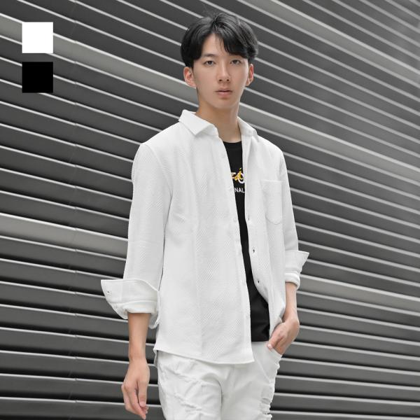 カジュアルシャツ メンズ 長袖 無地 ストレッチ 織柄 総柄 春秋冬 細め タイト 綺麗め シンプル...