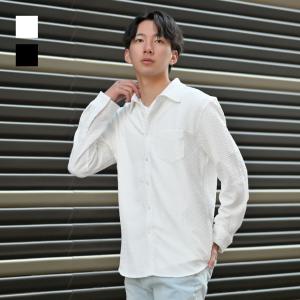 シャツ メンズ カジュアルシャツ 春夏秋 ジャガード ランダムサッカー 速乾 長袖 タイト 細め ホワイト ブラック 白 黒 M L XL LL 2L｜sshk