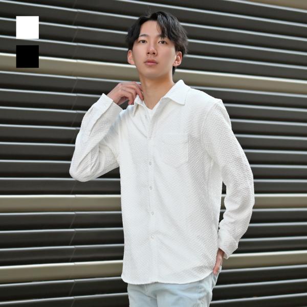 シャツ メンズ カジュアルシャツ 春夏秋 ジャガード ランダムサッカー 速乾 長袖 タイト 細め ホ...