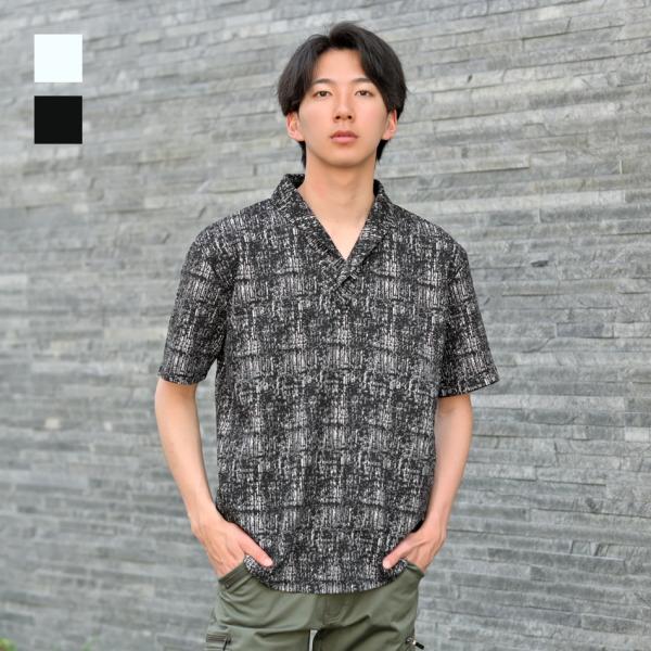 ポロシャツ メンズ 半袖 ショールカラー ジャガード 総柄 春夏秋 ゴルフウエア モード系 オラオラ...