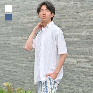 シアーシャツ メンズ 開襟シャツ オープンカラーシャツ カジュアルシャツ 半袖 ストライプ 春夏 綺麗め モード系 サーフ系 白 ホワイト ブルー M L XL LL 2L｜sshk