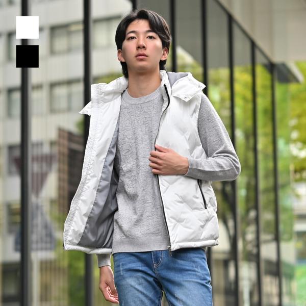 ダウンベスト メンズ シームレス 撥水加工 秋冬 フード取り外し可 無地 モード アウトドア サーフ...