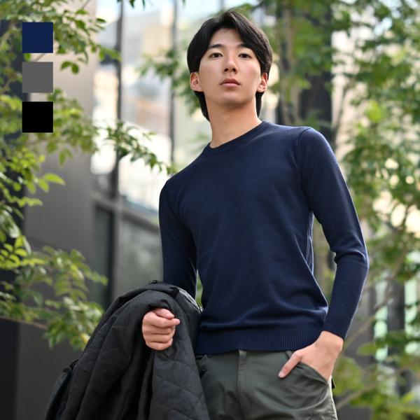 ニット メンズ セーター クルーネック ミドルゲージ 無地 ゴルフウエア ビジネス モード系 韓国フ...