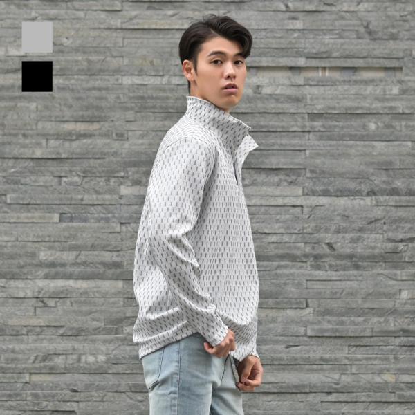 イタリアンカラーニットシャツ カットソー 長袖 メンズ スキッパー 総柄 晴秋冬 ジャガード 黒 グ...