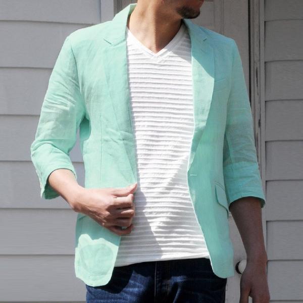 サマージャケット メンズ カジュアル リネン 麻 7分袖 グリーン M L XL 2L LL EVO...