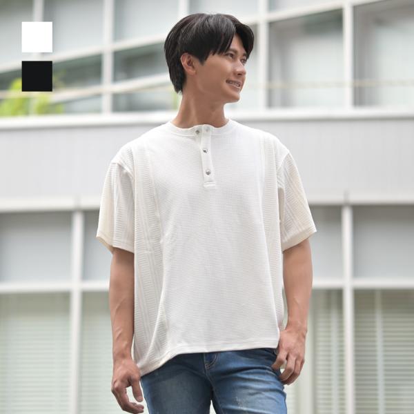 Tシャツ メンズ 半袖 ヘンリーネック ワッフル サーマル 春夏秋 白 黒 ホワイト ブラック M ...