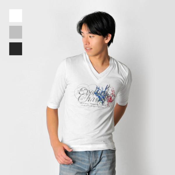 Tシャツ カットソー メンズ Vネック 7分袖 箔プリント ラインストーン ホワイト グレー ブラッ...