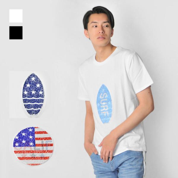 Tシャツ メンズ 白 黒 ホワイト ブラック サーフ スパンコール M L XL LL 2L evo...