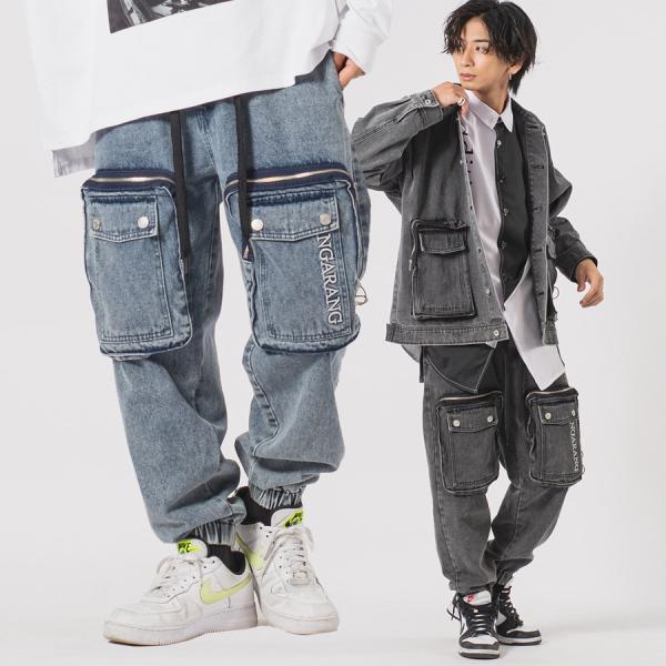 ビッグポケットデニムカーゴパンツ メンズ ワイドパンツ バルーンパンツ ストリート系 韓国ファッショ...