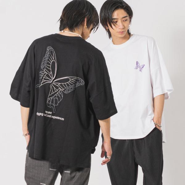 バタフライ刺繍モンスターシルエットTシャツ メンズ ビッグシルエット オーバーサイズ ストリート系 ...