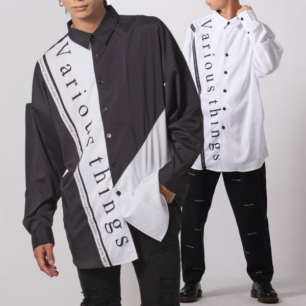 テープデザインドルマンシャツ メンズ ビッグシルエット オーバーサイズ ストリート系 韓国ファッショ...