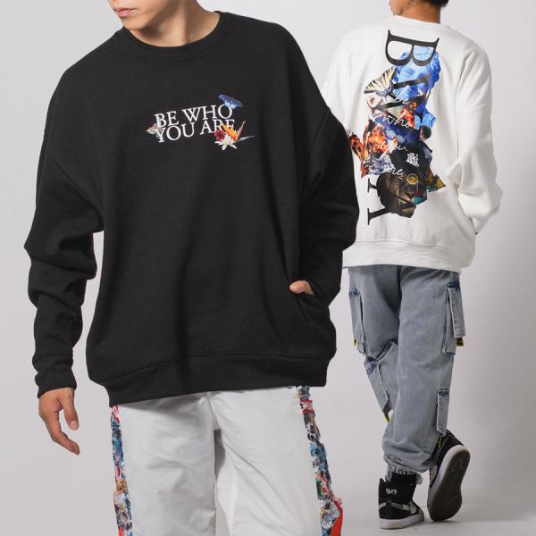 フォトコラージュワイドトレーナー メンズ ビッグシルエット オーバーサイズ ストリート系 韓国ファッ...