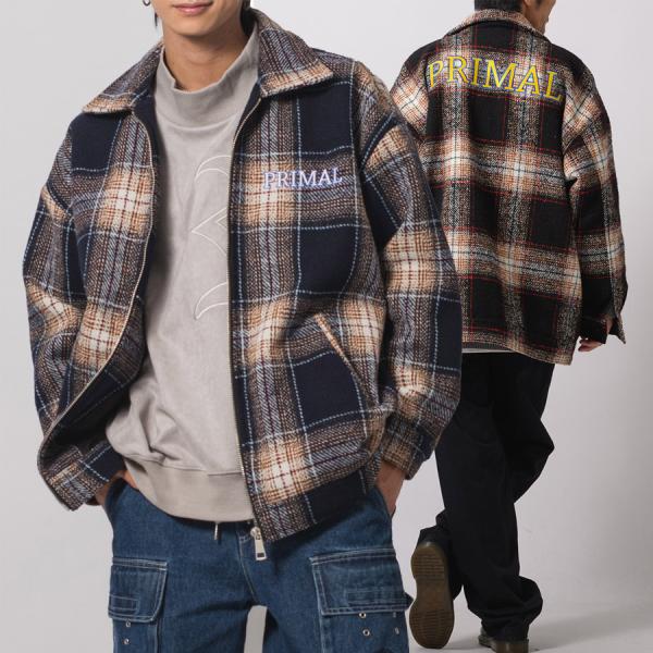 オンブレーチェックフルジップジャケット メンズ ビッグシルエット オーバーサイズ ストリート系 韓国...