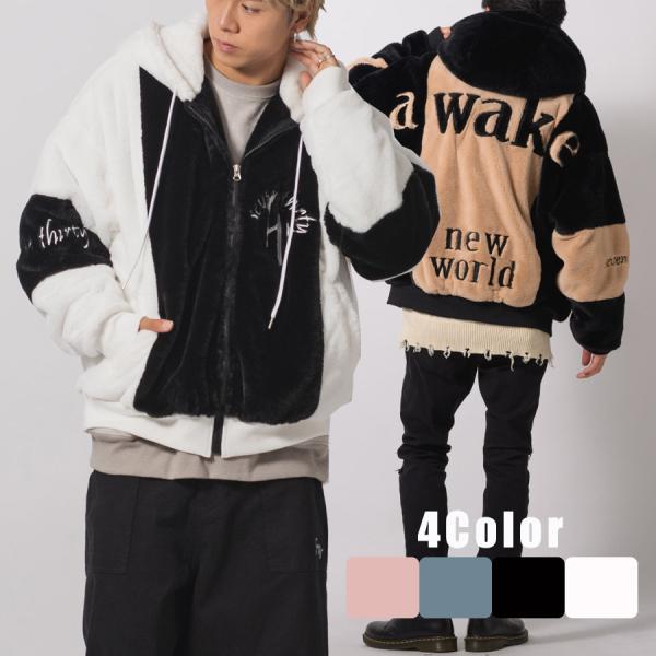 エコファー配色フードブルゾン メンズ ビッグシルエット オーバーサイズ ストリート系 韓国ファッショ...