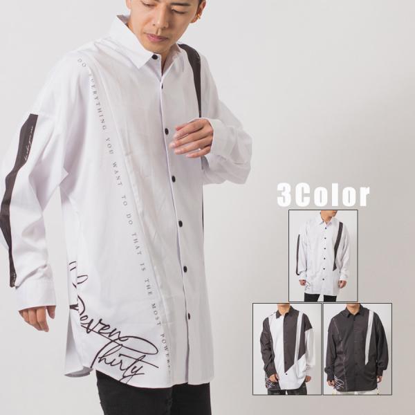 テープデザインドルマンシャツ メンズ ビッグシルエット オーバーサイズ ストリート系 韓国ファッショ...