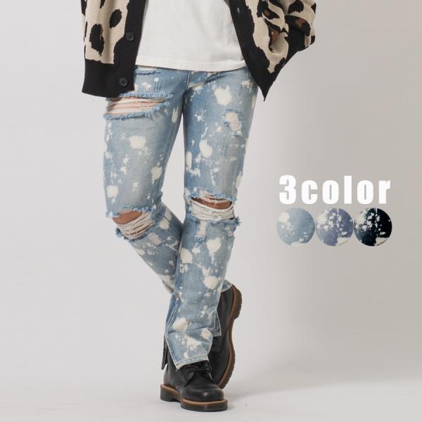 クラッシュブリーチスリムパンツ メンズ ストリート系 韓国ファッション 韓国系 RE730 セブンサ...