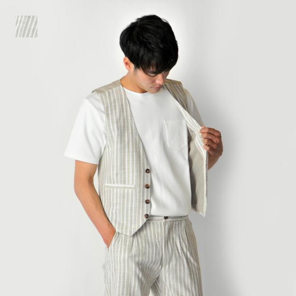 ベスト メンズ ジレ 春夏秋 綿麻 リネン 韓国系 韓国ファッション ベージュ ネイビー ストライプ...