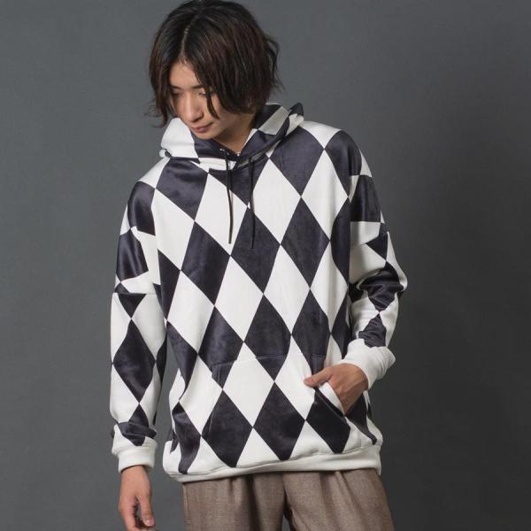 ダイヤプリントプルパーパーカー メンズ ダイヤ柄 総柄 ルーズシルエット プルオーバー 春 秋 冬 ...