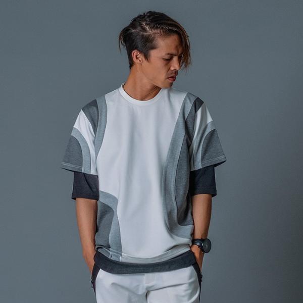 REGIEVO レジエボ ラウンド切替 配色Tシャツ アシンメトリー メンズ 春夏 ホワイト ブラッ...